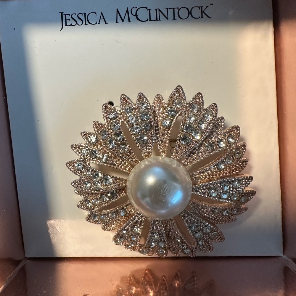 Jessica McClintock Gold and Silver Brooch with Pearl Accent